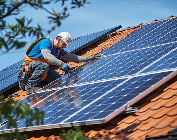 Un ouvrir en train d'installer des panneaux photovoltaïques